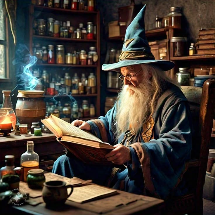 Merlin casting a spell in the Wizarding World timeline, a famous wizard from Hogwarts legacy.