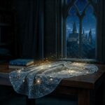 Shimmering Invisibility Cloak glowing on a wooden table in a Hogwarts dorm with starry night sky and castle silhouette in the background.