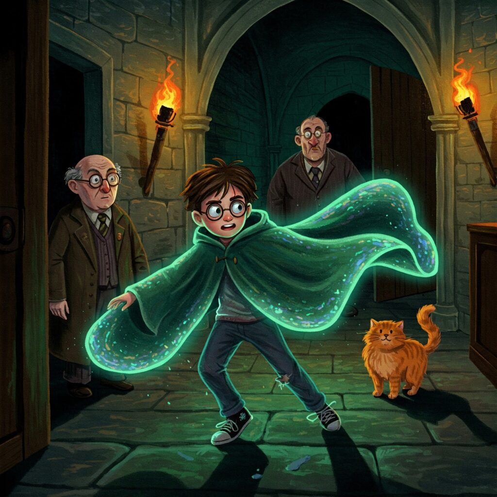 Harry Potter sneaking through Hogwarts corridors under the Invisibility Cloak, with Filch and Mrs. Norris in the background.