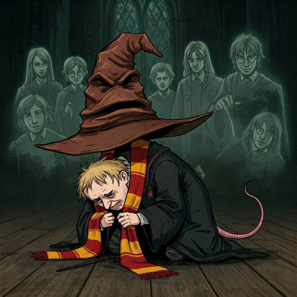 Peter Pettigrew under Sorting Hat with rat tail and Gryffindor scarf slipping off.