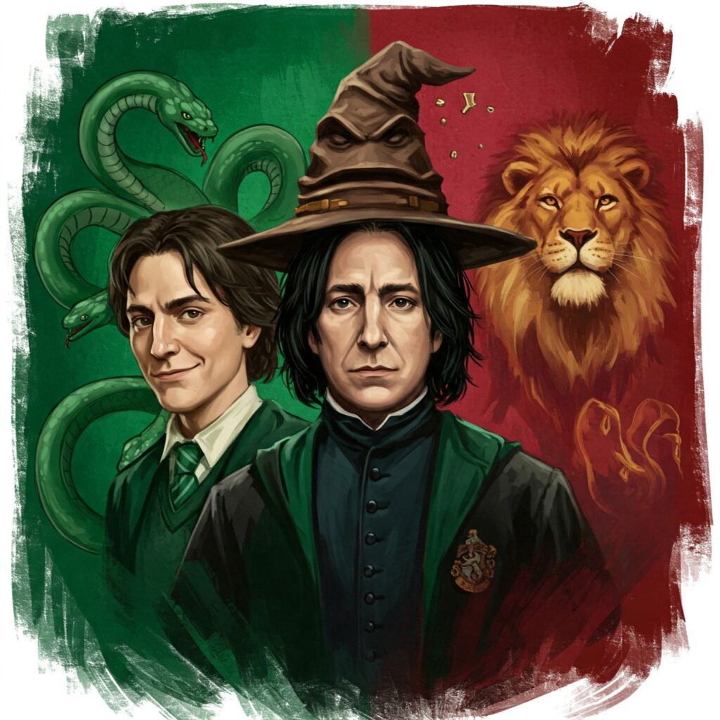 Split image of Snape with Sorting Hat, showing Slytherin green and Gryffindor red sides.