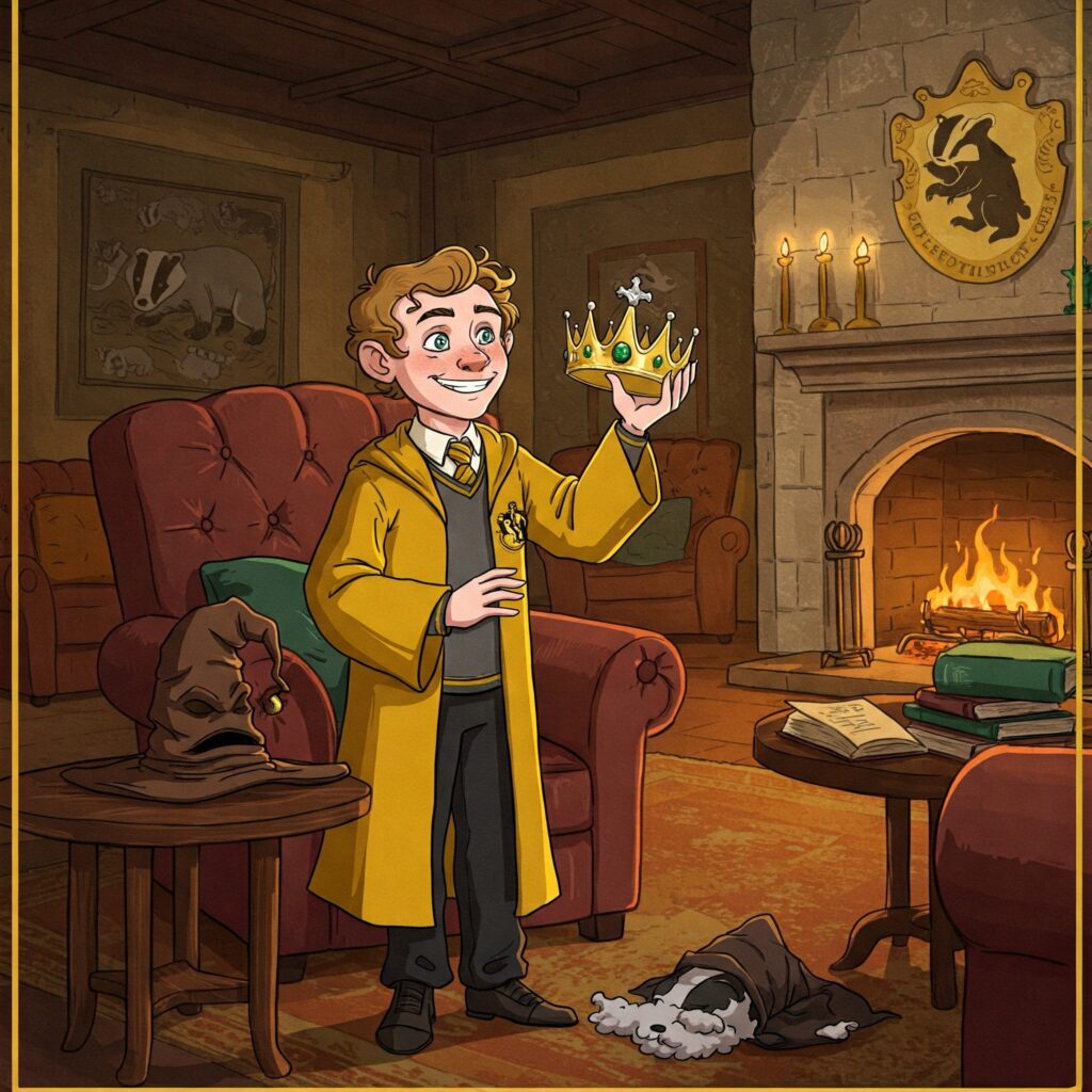 Barnaby Bloke in Hufflepuff robe with crown and sheepish Sorting Hat in common room.