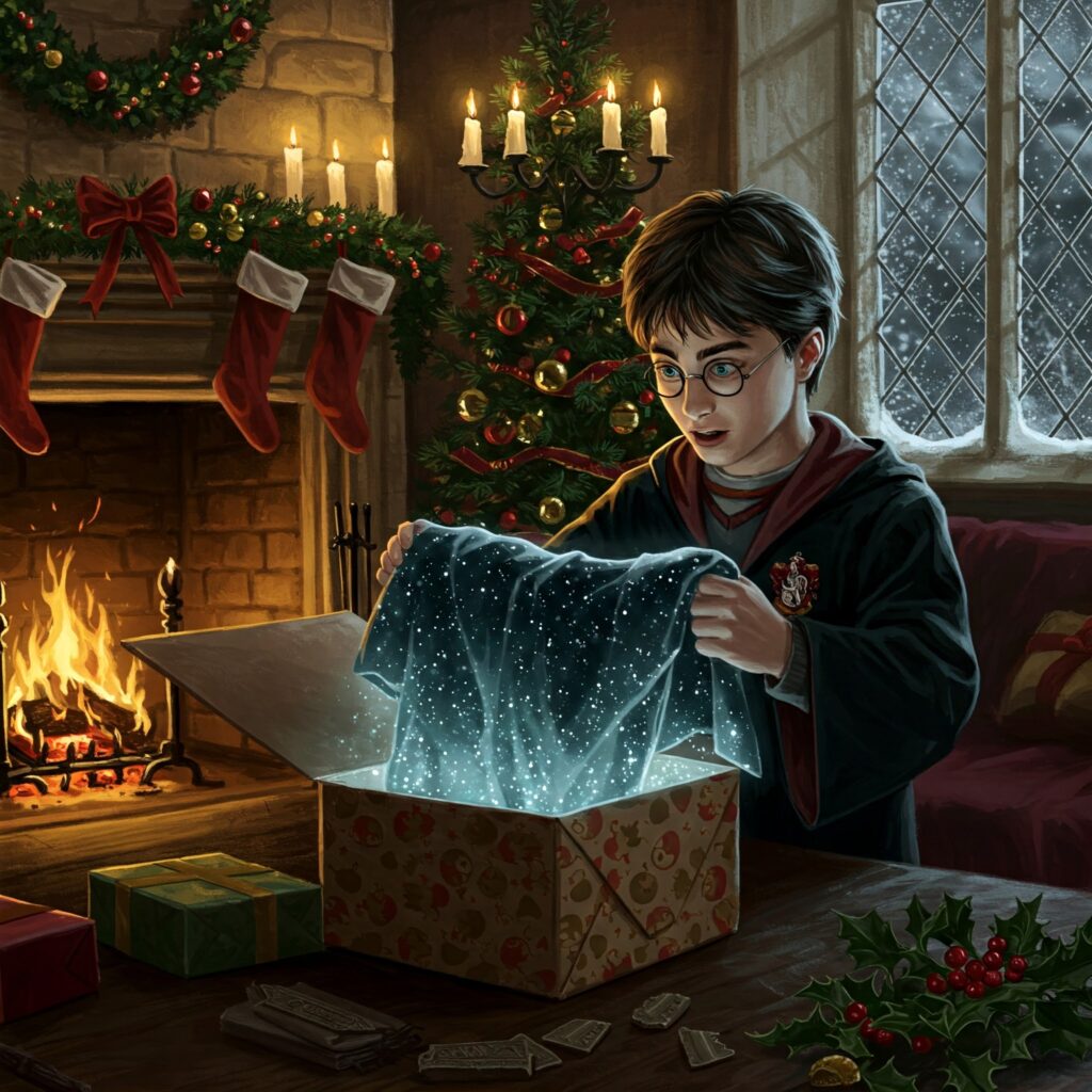 Young Harry Potter unwrapping the Harry Cloak on Christmas morning in the Gryffindor common room with a festive fireplace.