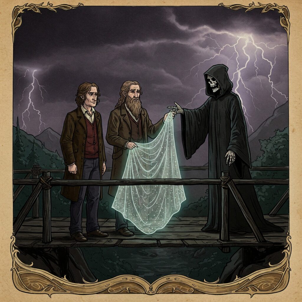 Peverell Brothers receiving the Invisibility Cloak from Death on a stormy bridge in a storybook-style illustration.