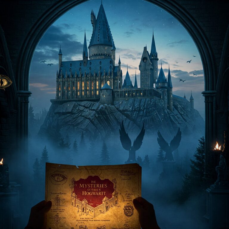 Mysteries of Hogwarts unveiled in a misty twilight view of Hogwarts Castle with the Marauder’s Map.