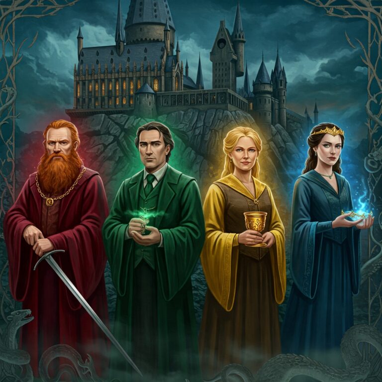 Secrets of Hogwarts explained with the four founders holding their relics in front of the castle.