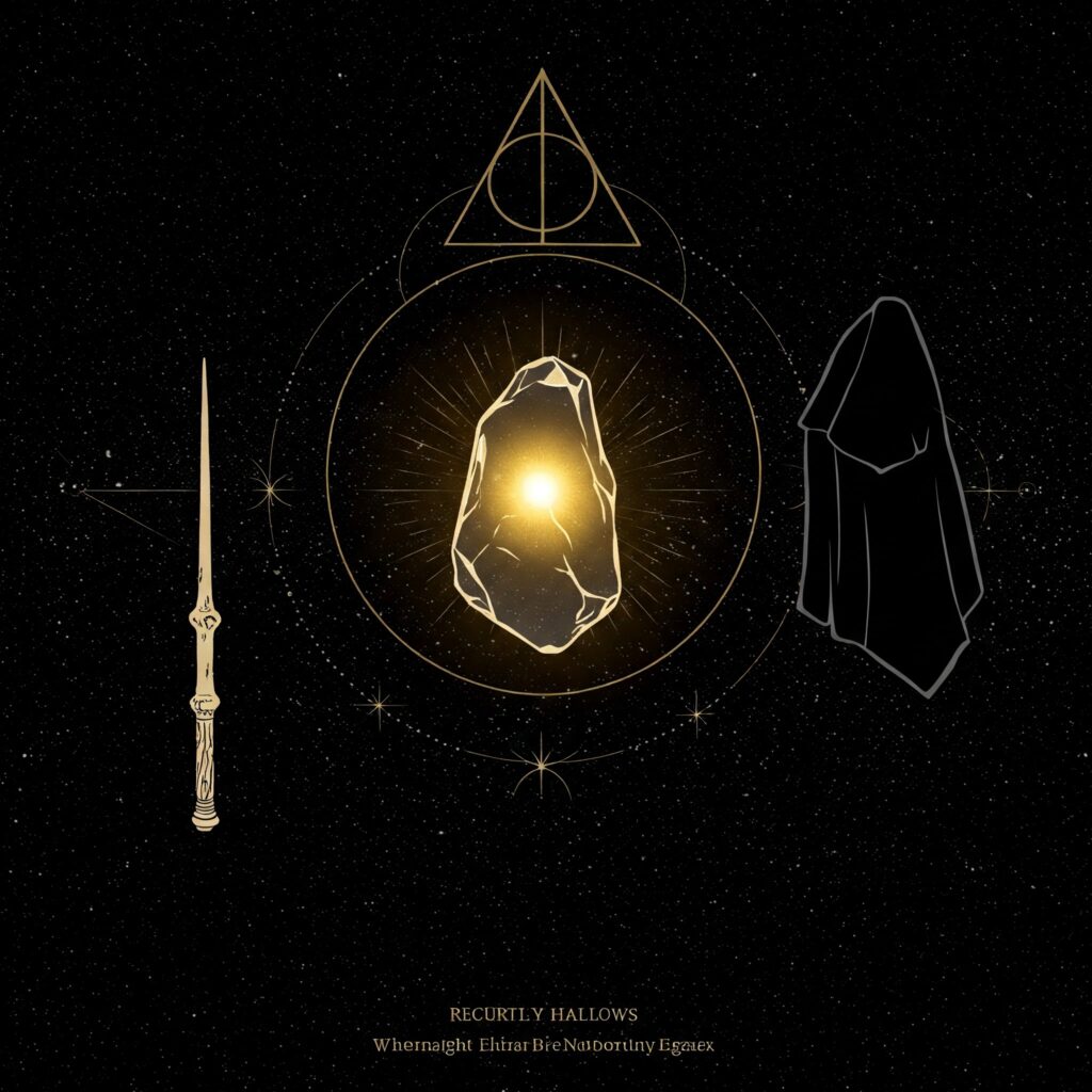 Minimalist Invisibility Cloak with Elder Wand and Resurrection Stone against a starry sky and Deathly Hallows symbol.