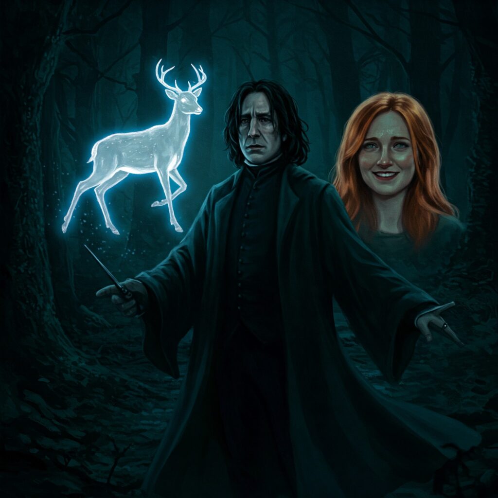 Snape casting doe Patronus Charm in a dark forest with Lily Potter’s ethereal figure in the background.