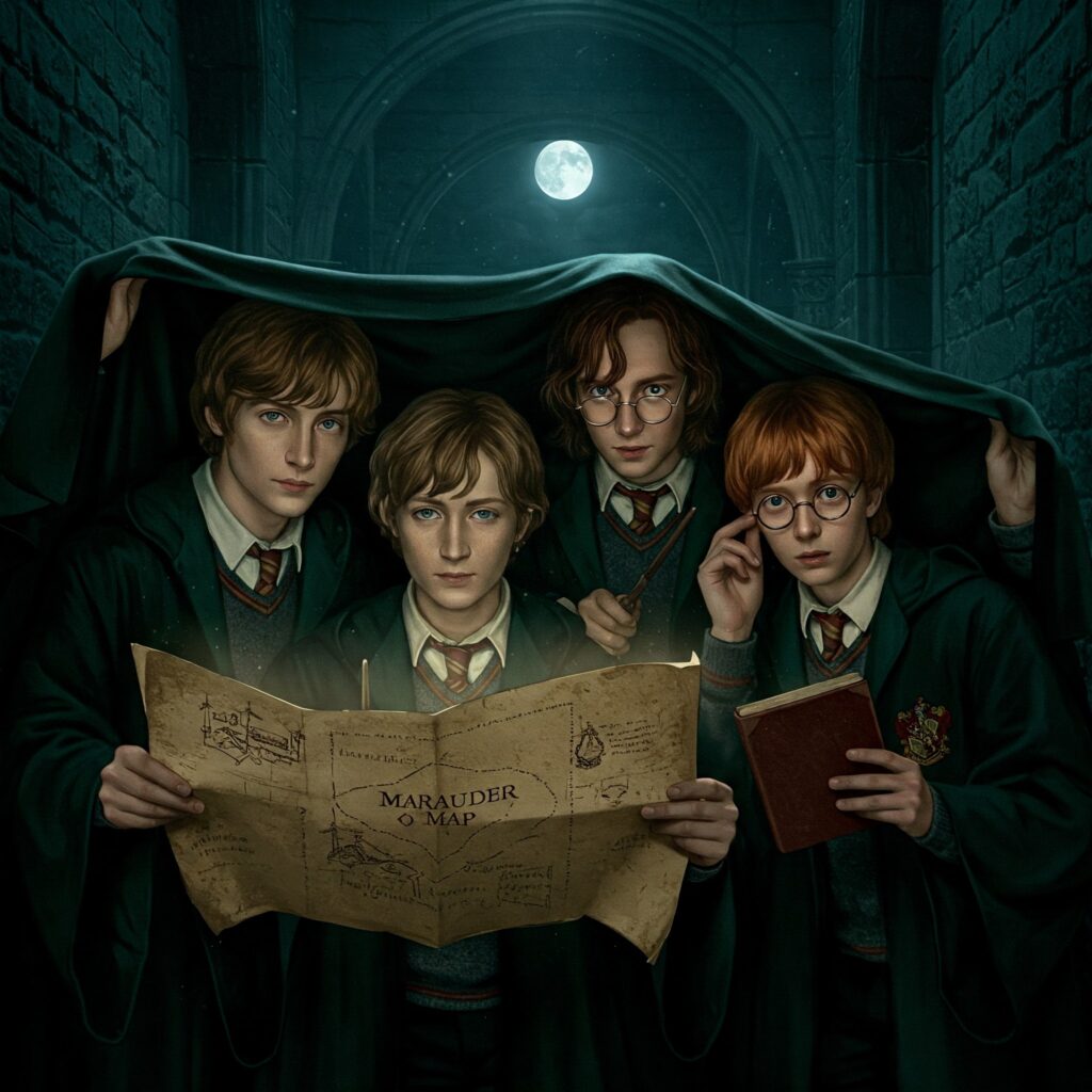 Marauders crafting the Marauder’s Map under cloak, steeped in Marauders lore.