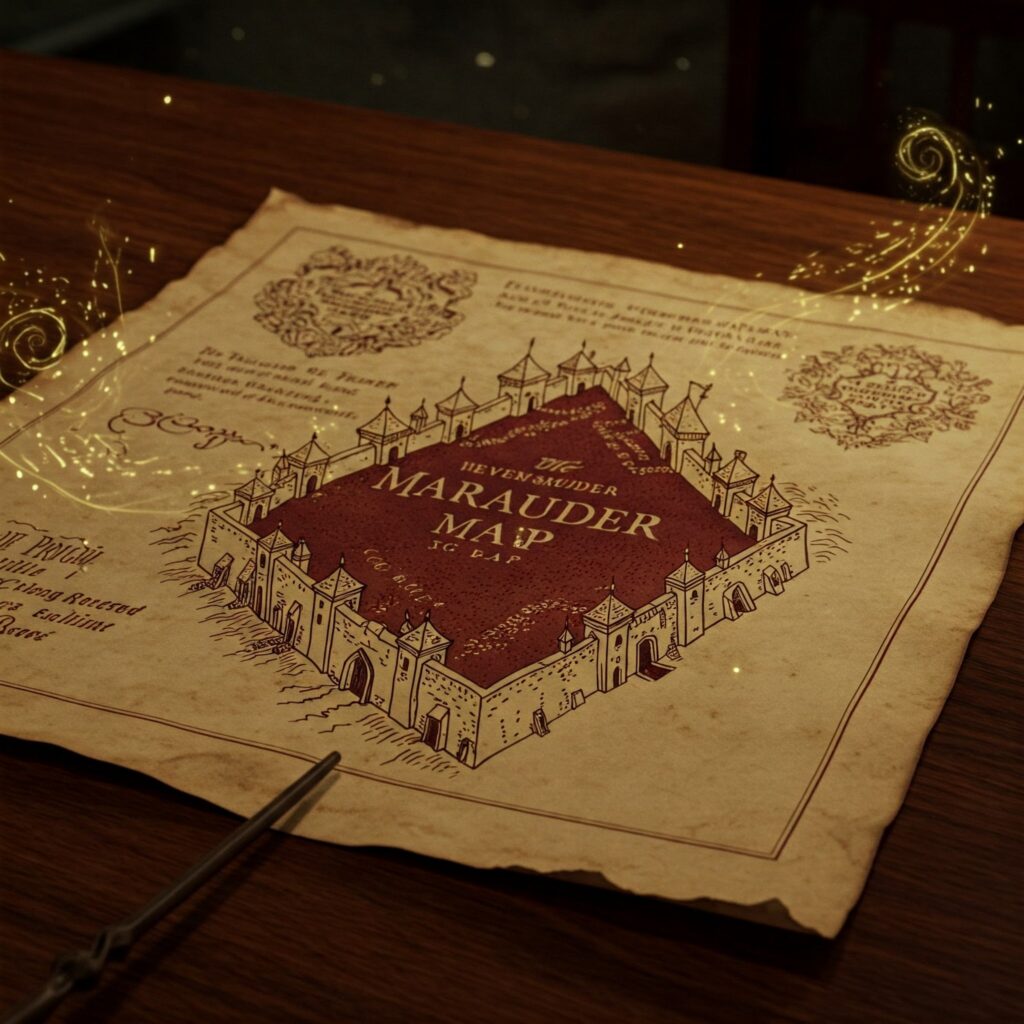 Marauder’s Map tracking Snape and Filch on Hogwarts map, revealing map secrets.