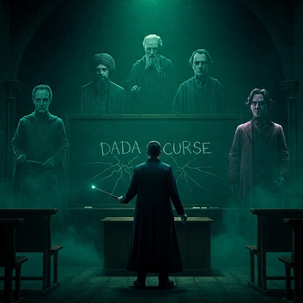 Dark Arts curse haunting Hogwarts classroom with ghostly DADA teachers