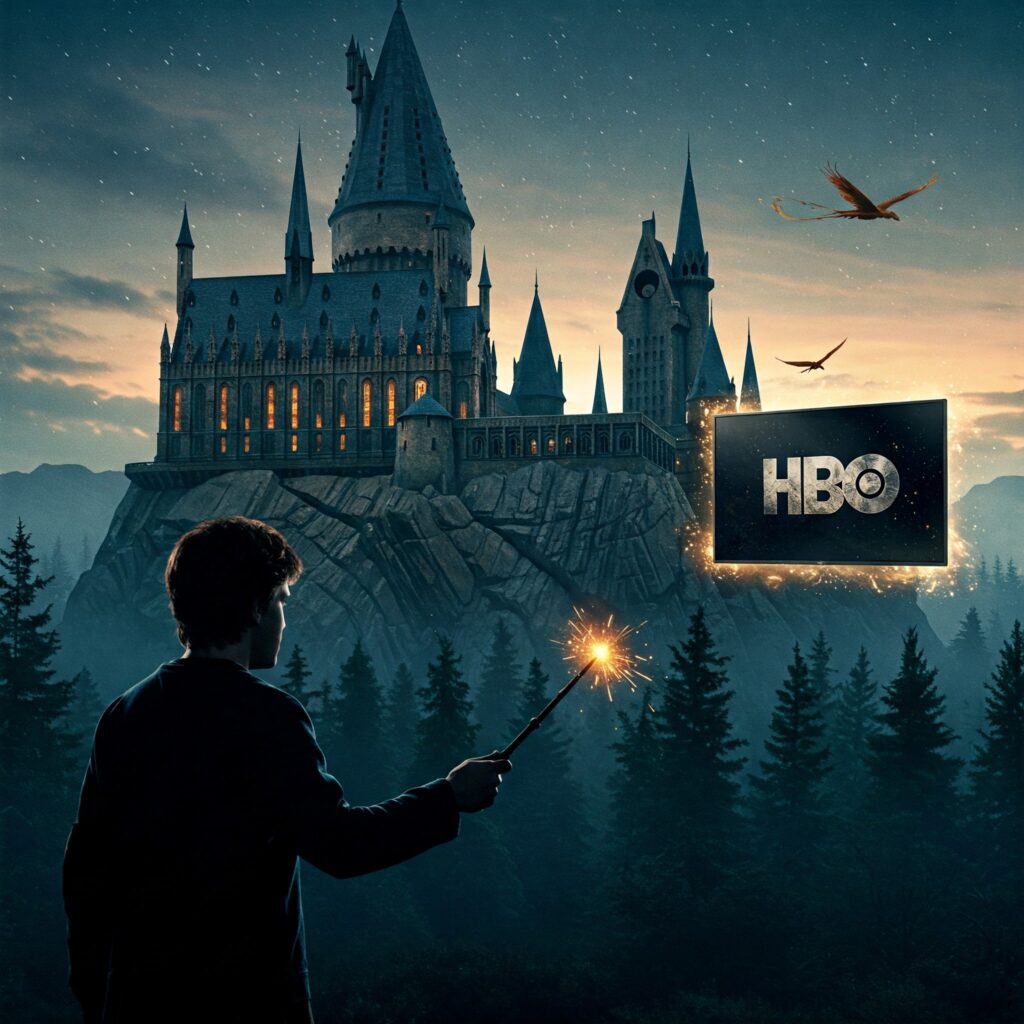 Hogwarts castle at dusk with wizard silhouette and HBO TV screen for Harry Potter TV series