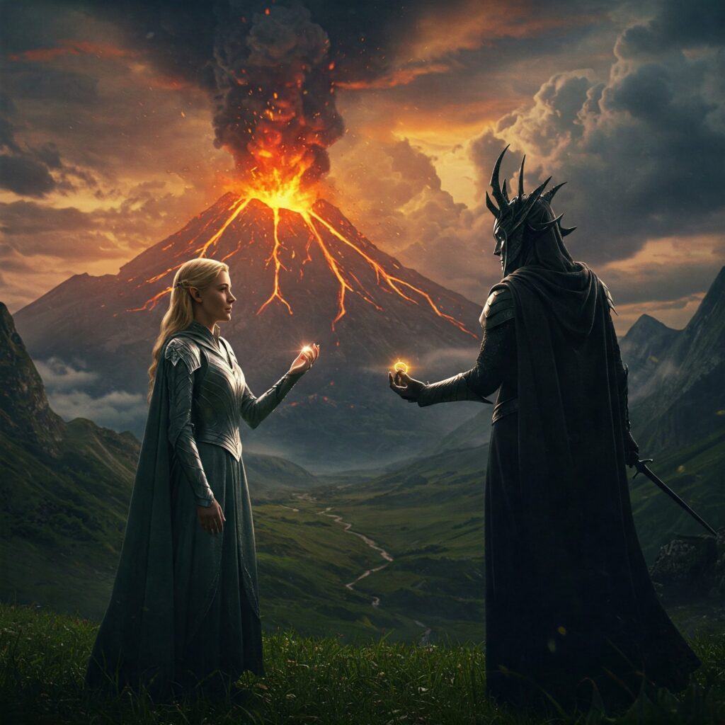 Elven warrior with ring facing shadowy Sauron against Mount Doom in Rings of Power Season 2