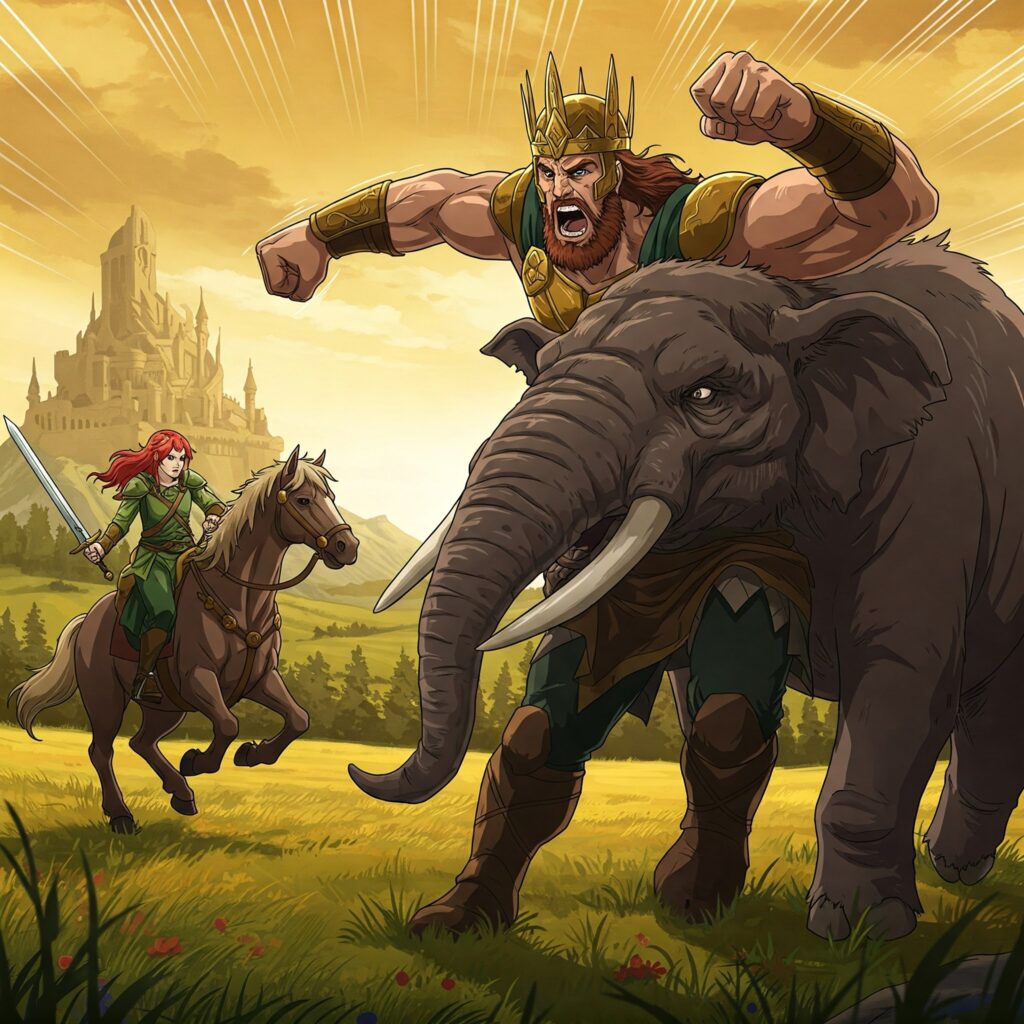 Anime-style illustration of Helm Hammerhand fighting an Oliphaunt and Héra riding horseback in War of the Rohirrim, set against Rohan’s plains and the Hornburg.
