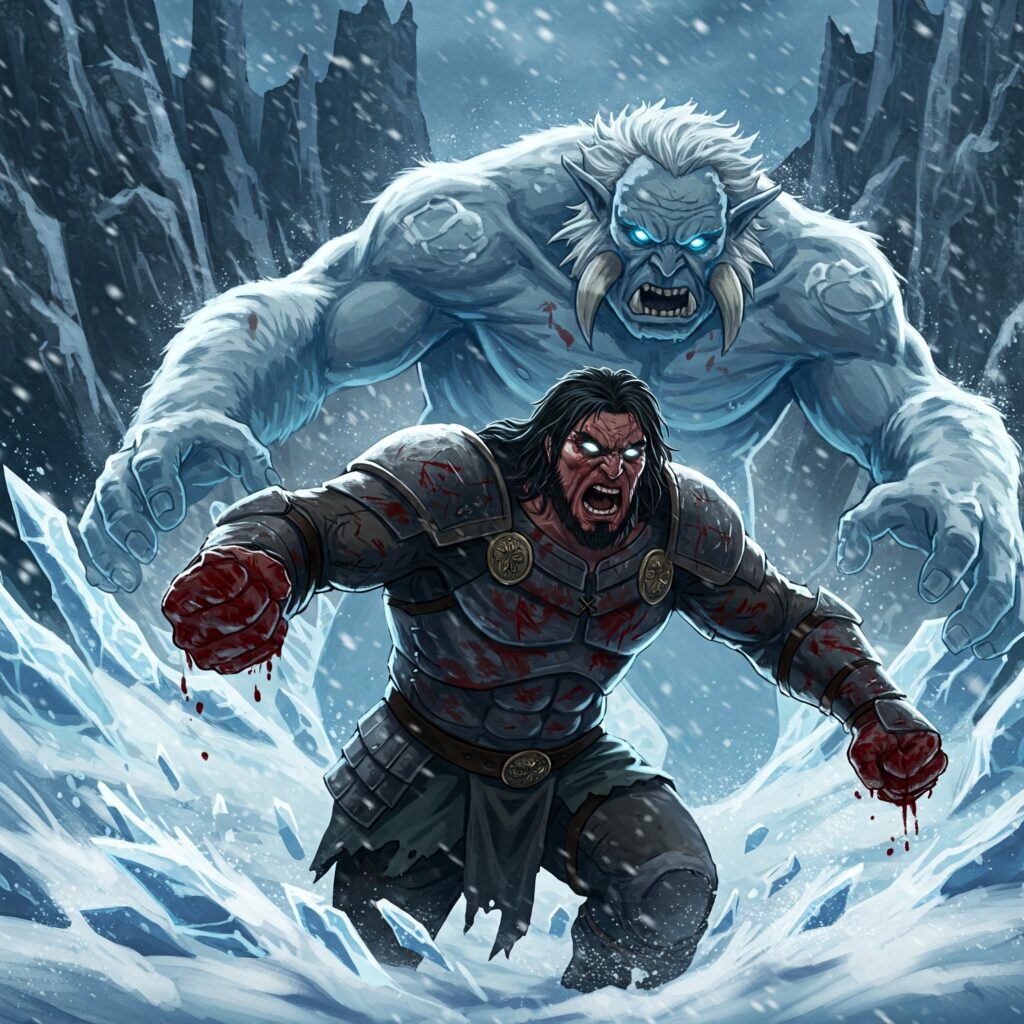 Anime-style Helm Hammerhand battling a snow troll in War of the Rohirrim, set in a snowy Rohan landscape.