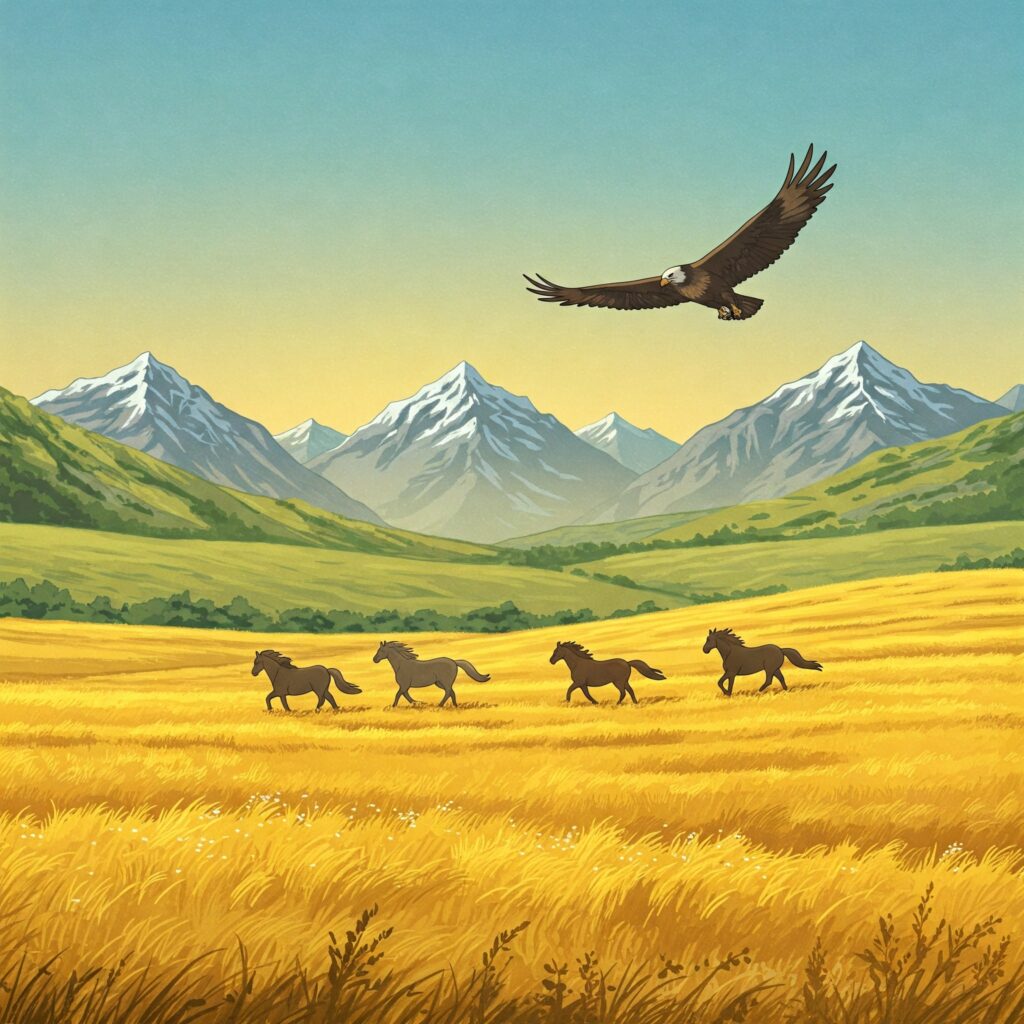 Anime-style Rohan plains with wild horses and a Great Eagle in War of the Rohirrim, showcasing Middle-earth beauty.