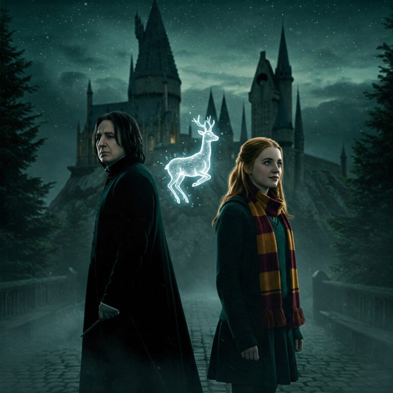 Snape Lily standing back-to-back with a doe Patronus at Hogwarts twilight, symbolizing their tragic love story.