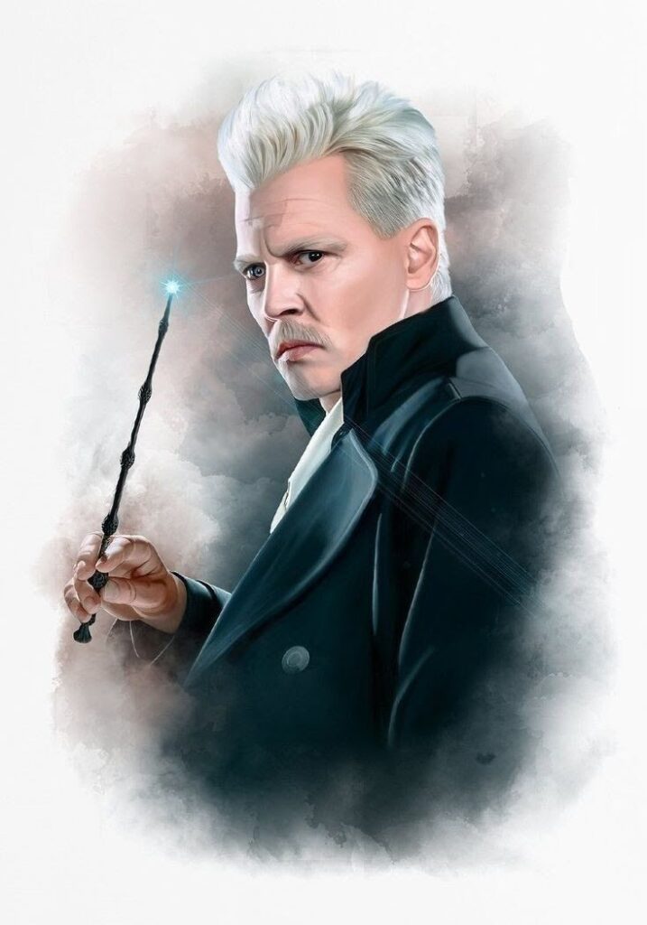 Gellert Grindelwald casting spell in the Wizarding World timeline, a famous wizard villain.