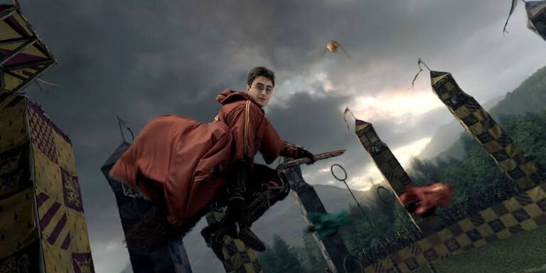 Gryffindor Seeker chasing Golden Snitch in Quidditch match at Hogwarts