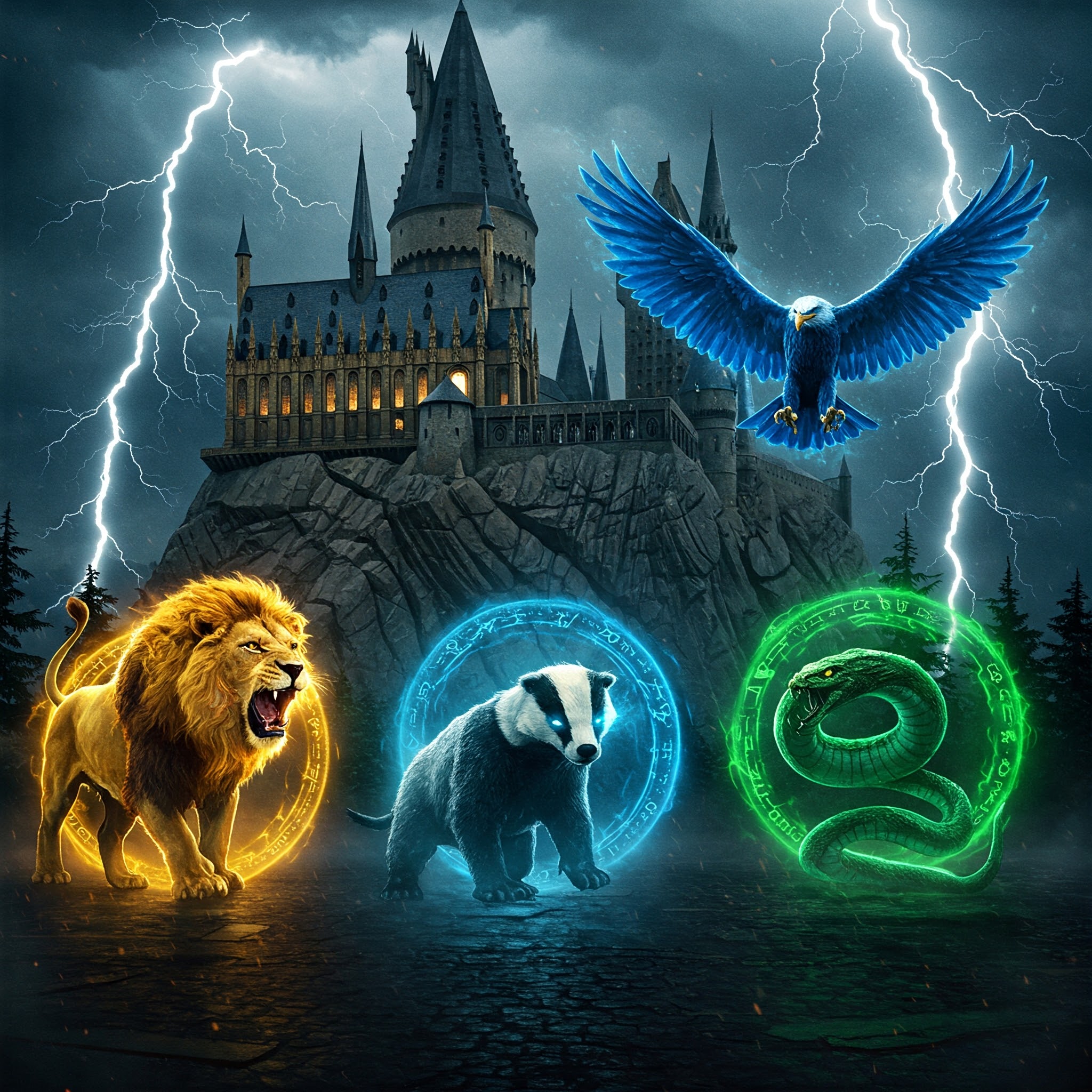 Hogwarts Houses mascots in an epic showdown with Gryffindor lion, Hufflepuff badger, Ravenclaw eagle, and Slytherin serpent against a stormy castle backdrop.