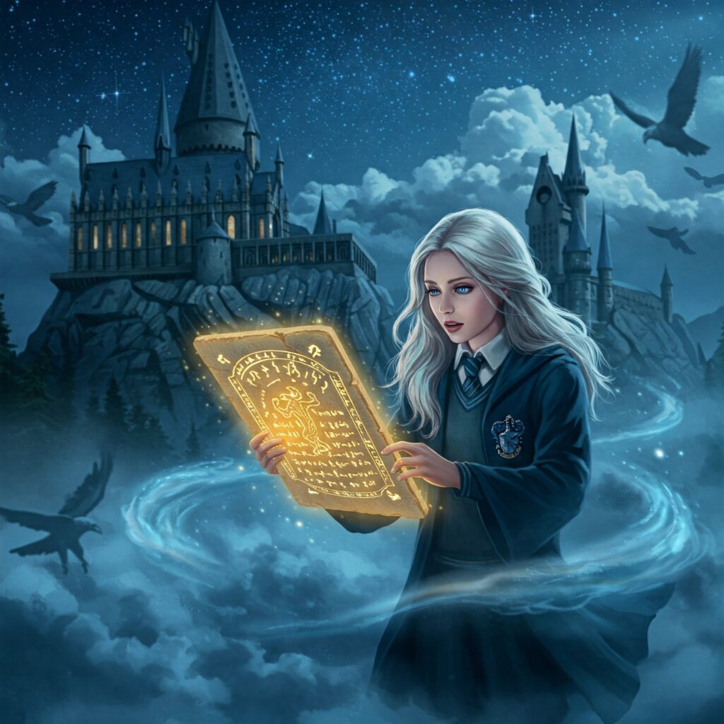 Ravenclaw student solving a magical riddle under a starry Hogwarts sky.
