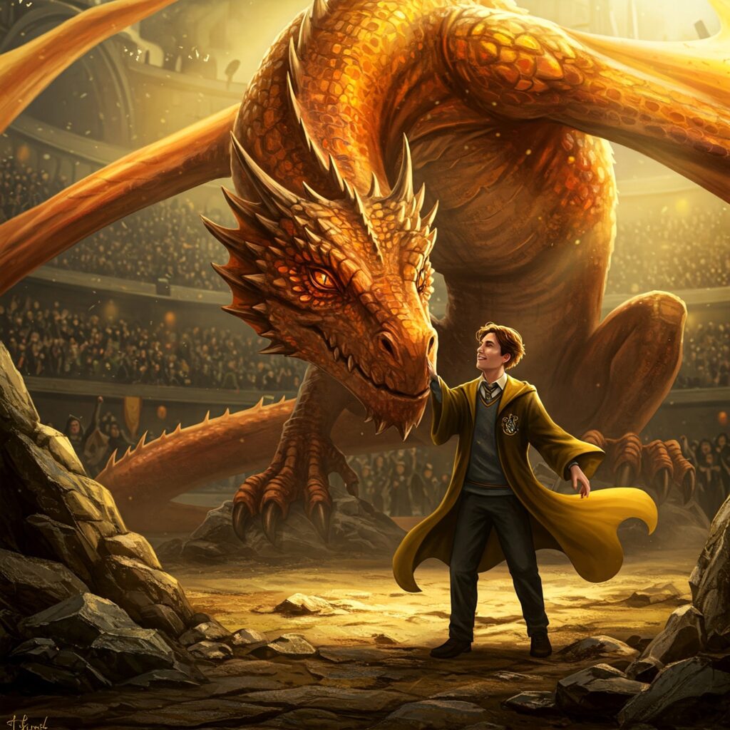 Hufflepuff student calming a dragon in a Triwizard Tournament arena.