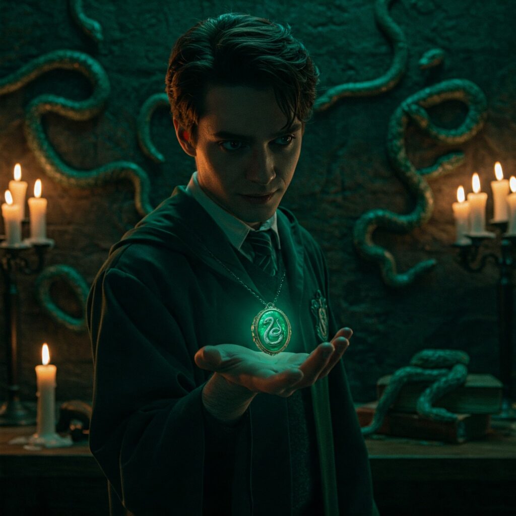 Slytherin student with a Horcrux locket in a candlelit common room.