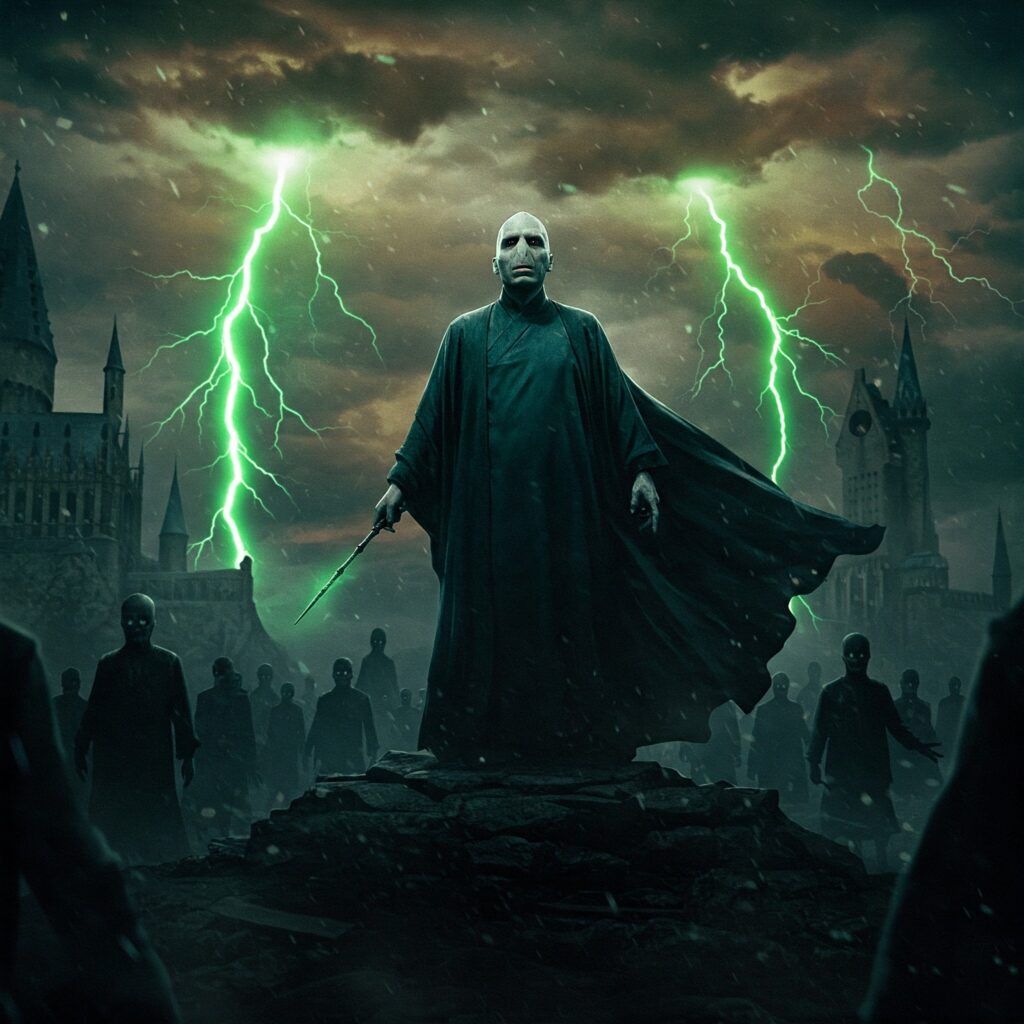 Voldemort wins in a dark Harry Potter alternate ending, standing over Hogwarts ruins with the Elder Wand under a stormy green sky.