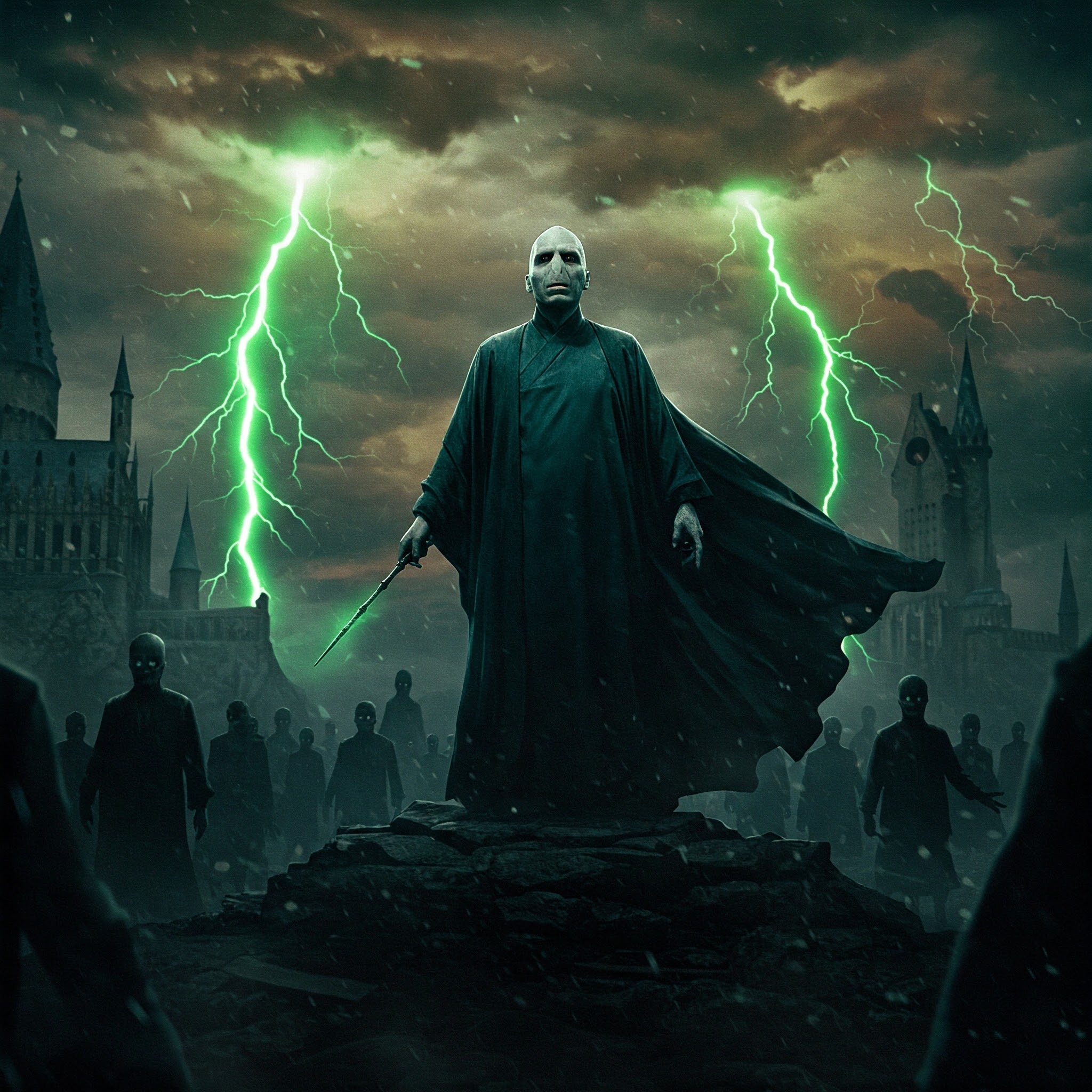 Voldemort wins in a dark Harry Potter alternate ending, standing over Hogwarts ruins with the Elder Wand under a stormy green sky.