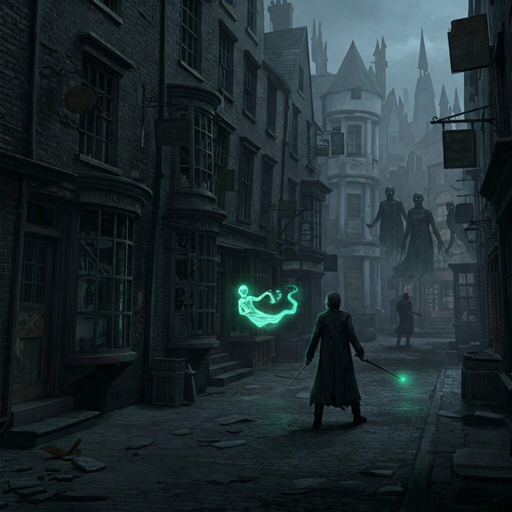 Wizarding world dystopia with Dementors over a ruined Diagon Alley in a Voldemort victory scenario.