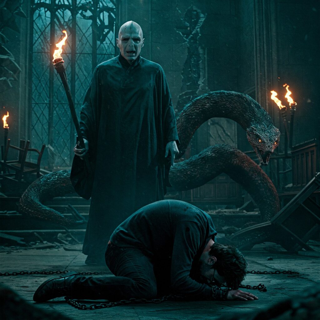 Harry Potter defeated by Voldemort in a dark alternate ending at Hogwarts Great Hall.