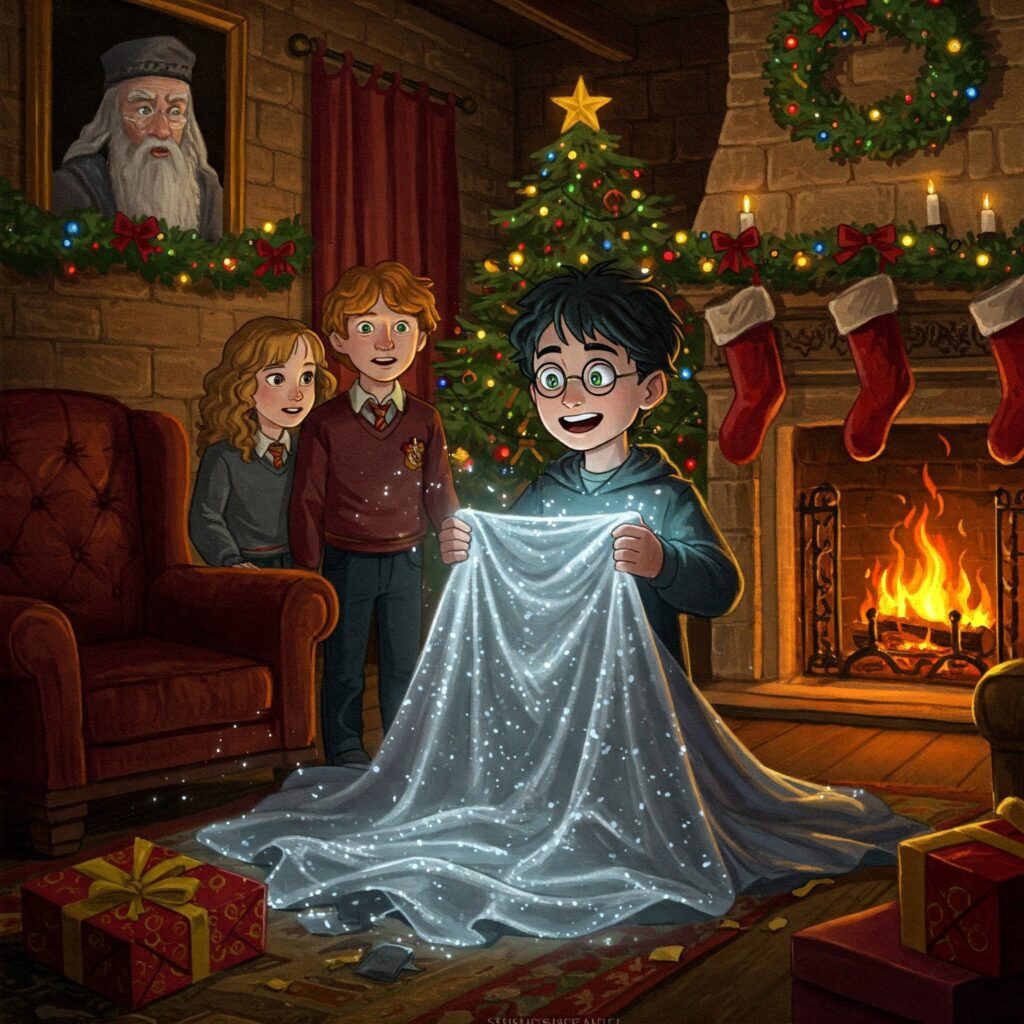Young Harry Potter opens the Invisibility Cloak gift in Gryffindor common room, hinting at Dumbledore’s secret manipulation in Sorcerer’s Stone.