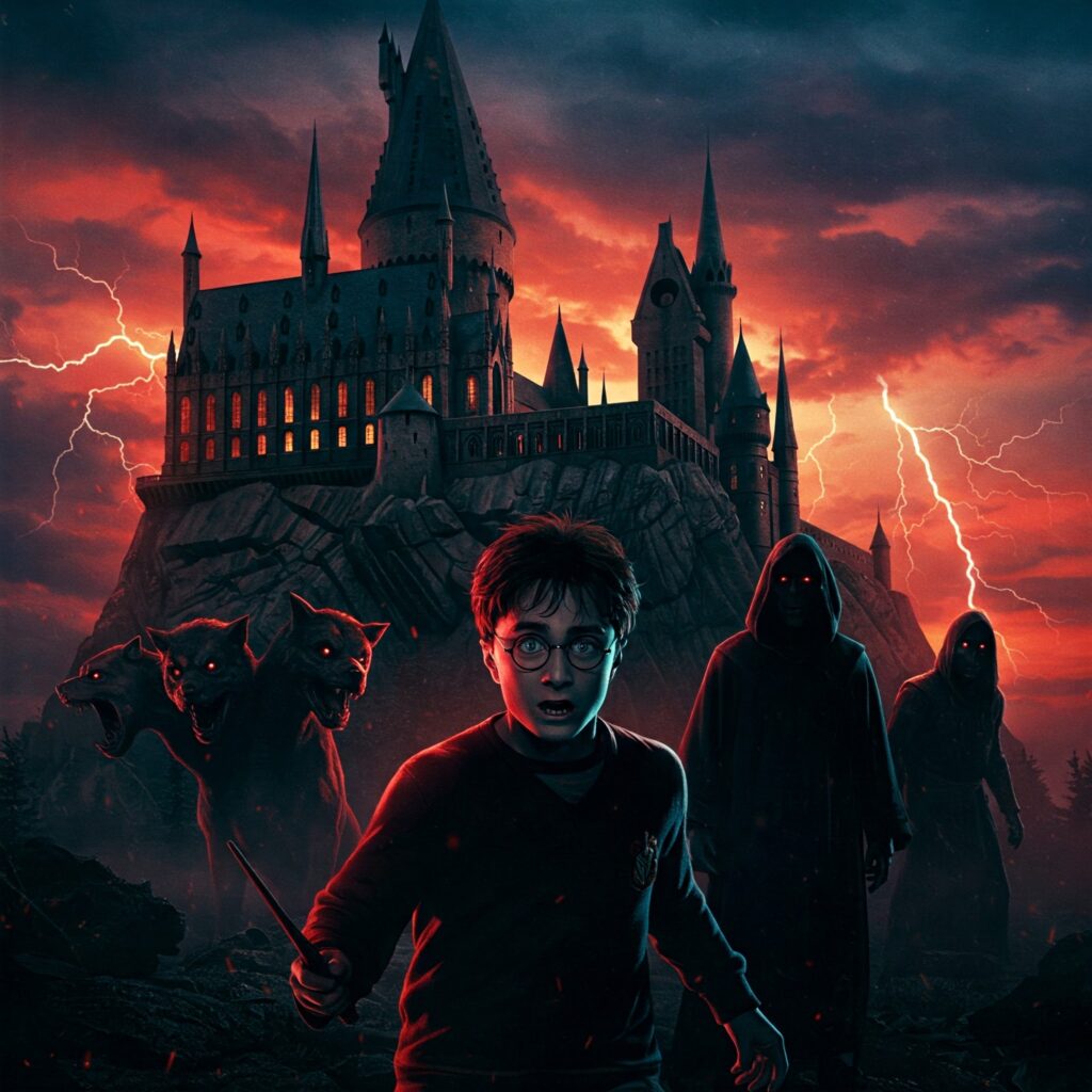 Hogwarts castle under stormy sky with Harry Potter facing near-death dangers from Sorcerer’s Stone.