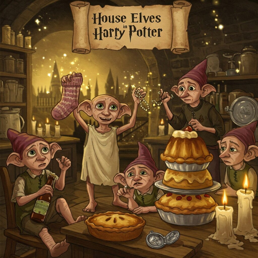 House elves in Harry Potter—Dobby, Winky, Kreacher in Hogwarts kitchen with book secrets.