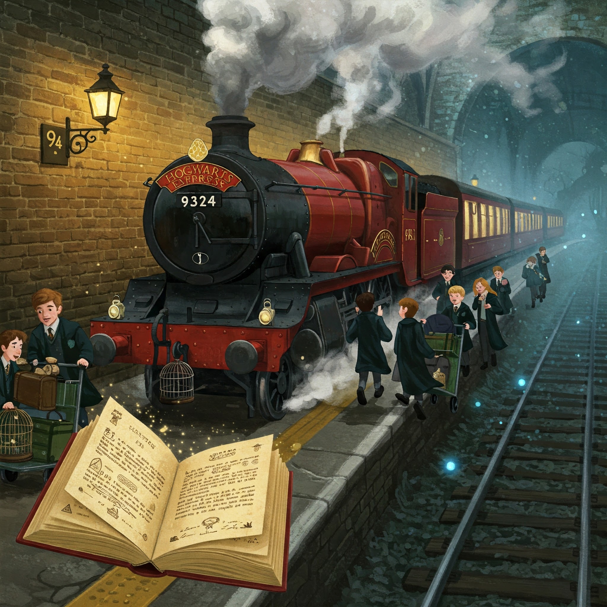 Hogwarts Express on Platform 9¾ in book secrets scene.