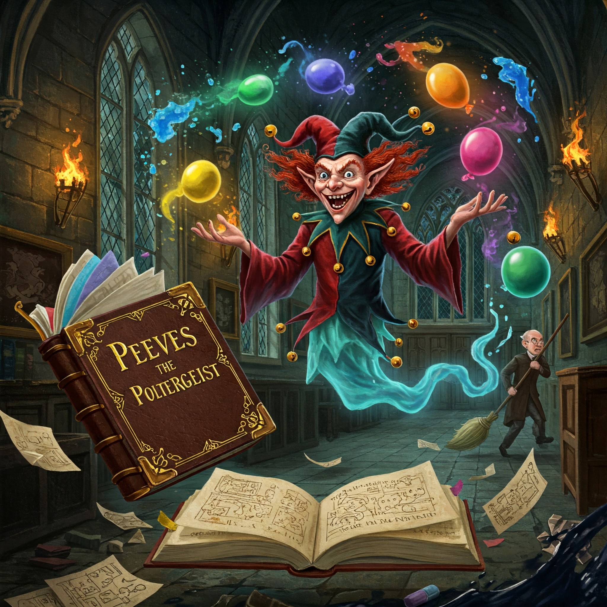 Peeves the Poltergeist in Hogwarts book secrets chaos scene.