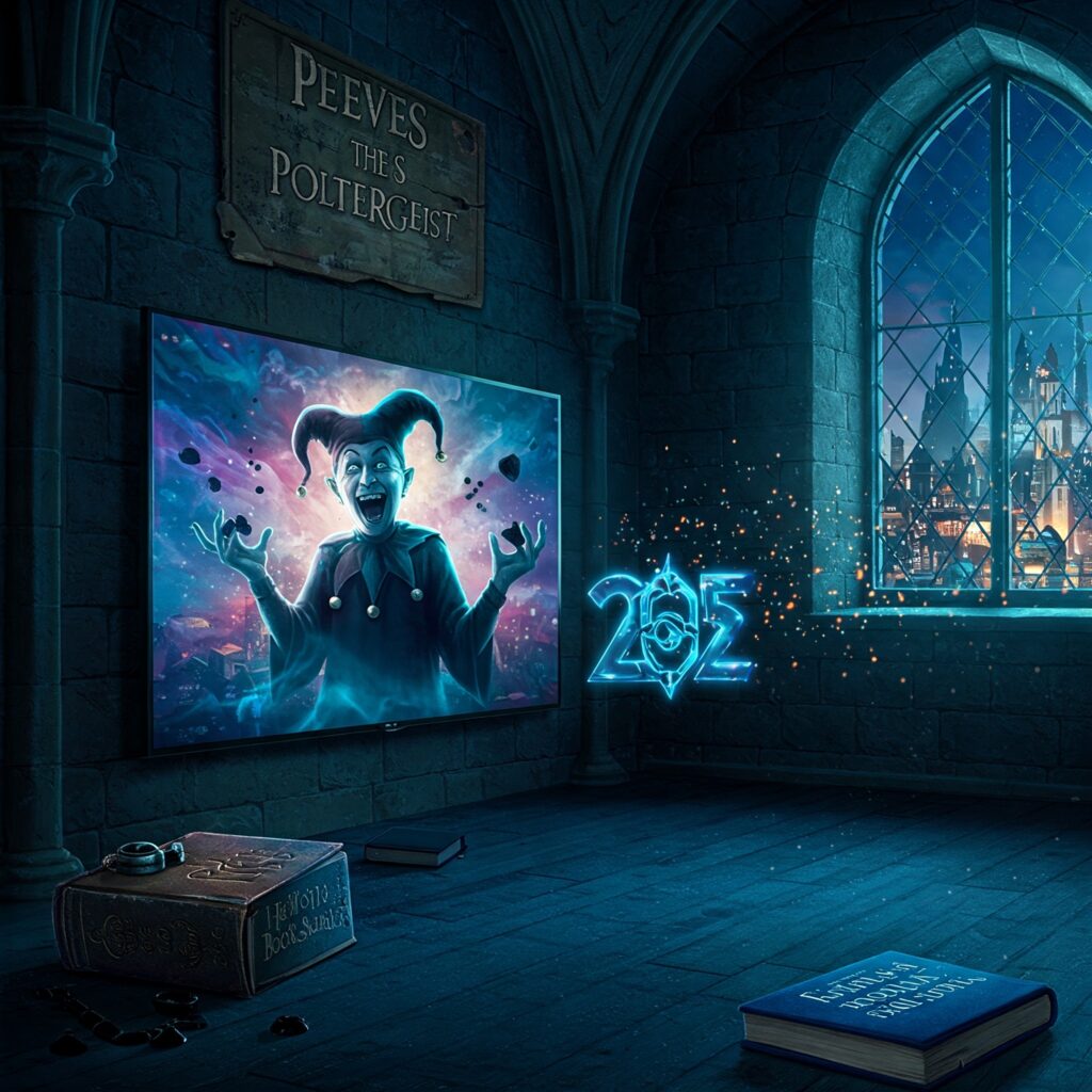 Peeves the Poltergeist in TV series book secrets hype scene.