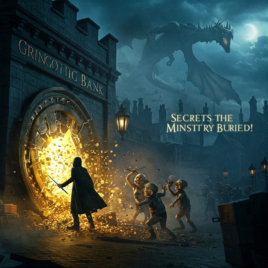 Gringotts heist scene with a shadowy figure, dragon silhouette, and gold coins under a stormy sky, revealing Wizarding World scandals.