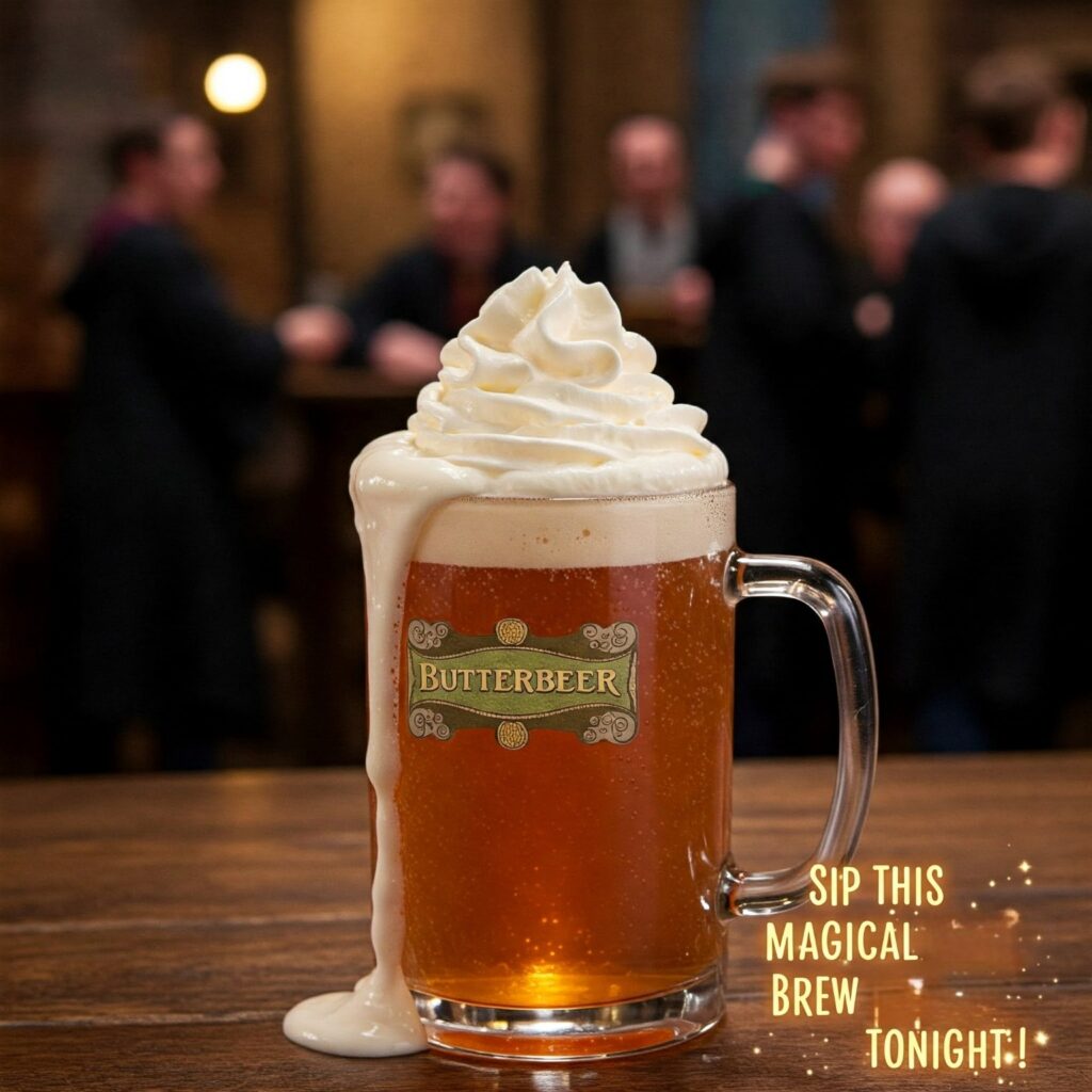 Frothy Butterbeer DIY mug with whipped cream in a Three Broomsticks setting.