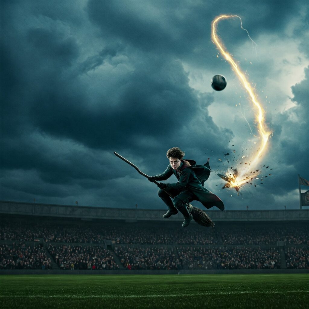 Harry Potter on jinxed broom during Quidditch, a Hogwarts danger moment."