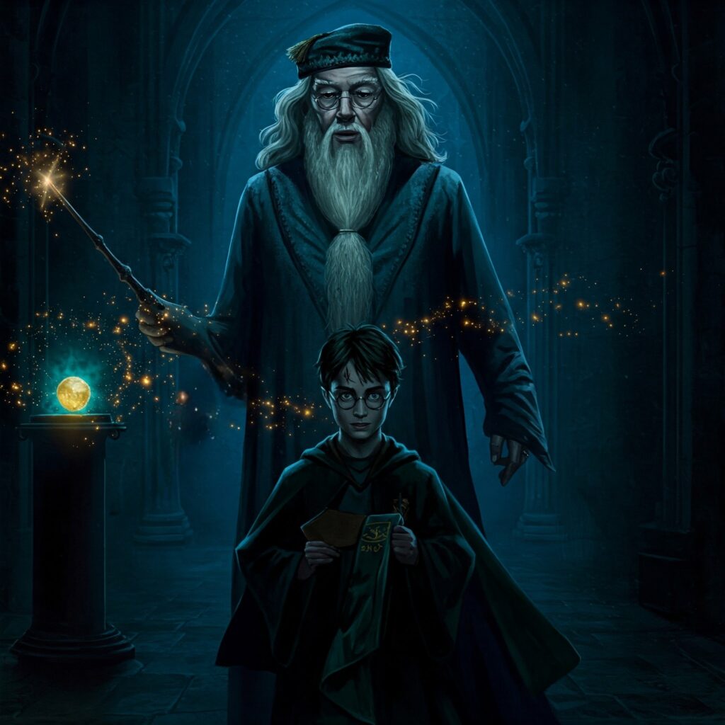 Dumbledore’s silhouette in a Hogwarts corridor with young Harry Potter and the Sorcerer’s Stone, illustrating Dumbledore’s dirty secret plan in Harry Potter Year One.
