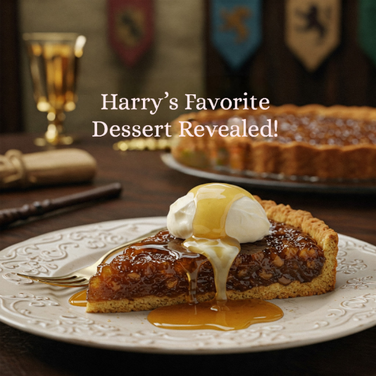 Treacle Tart slice with clotted cream inspired by Hogwarts food and Harry Potter.