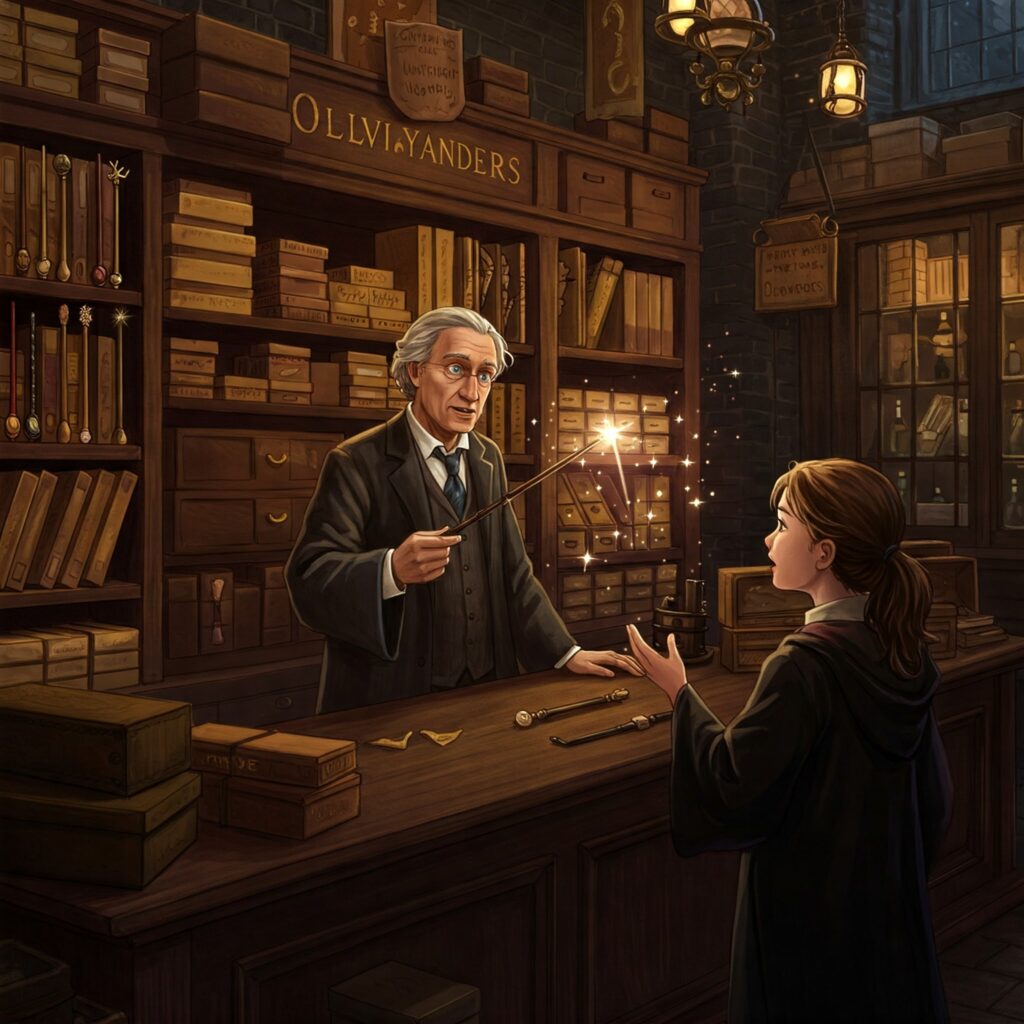 Harry Potter wand lore in Ollivanders shop with glowing magical wands and wizarding world magic.