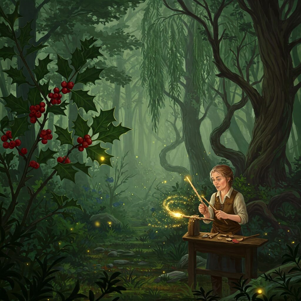 Harry Potter wand lore forest with magical wands crafted from holly and yew for wizarding world magic.