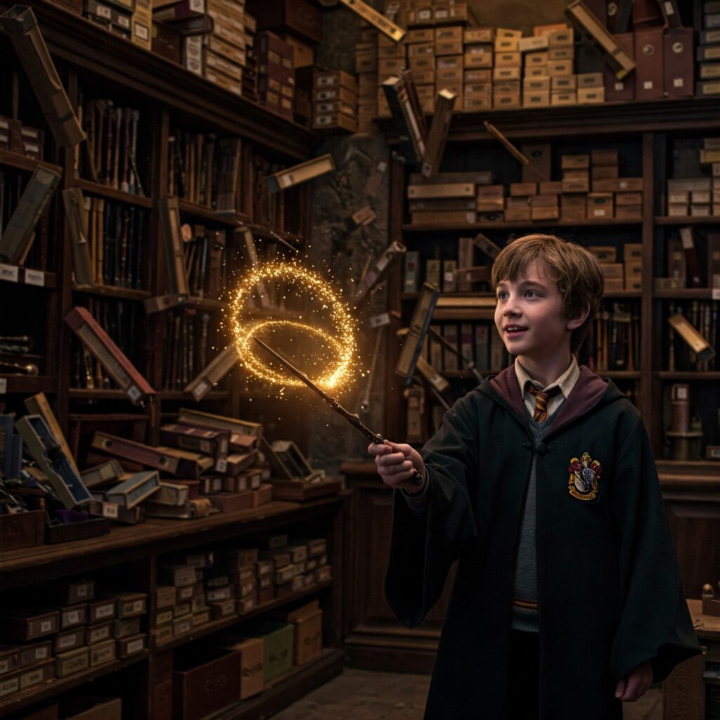 Harry Potter wand lore moment in Ollivanders with magical wands choosing wizard in wizarding world magic.