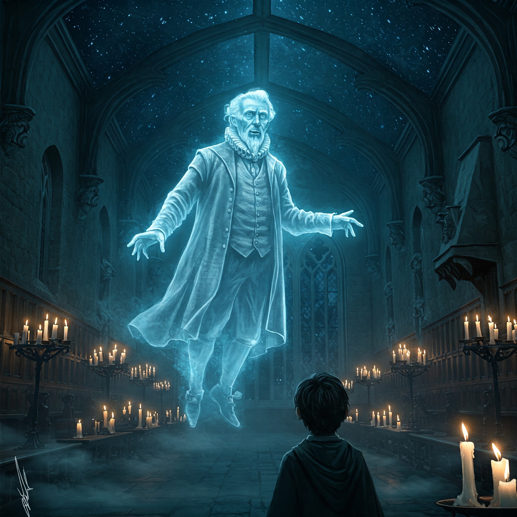 Hogwarts ghosts Nearly Headless Nick glowing in Great Hall with wizarding world spirits and Hogwarts mysteries.