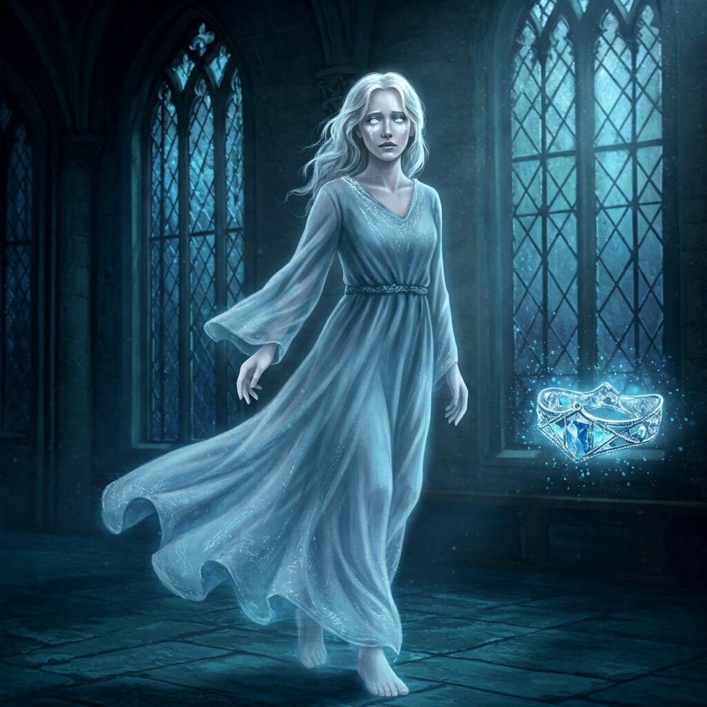 Hogwarts ghosts Grey Lady with diadem in moonlit corridor for wizarding world spirits and Hogwarts mysteries.