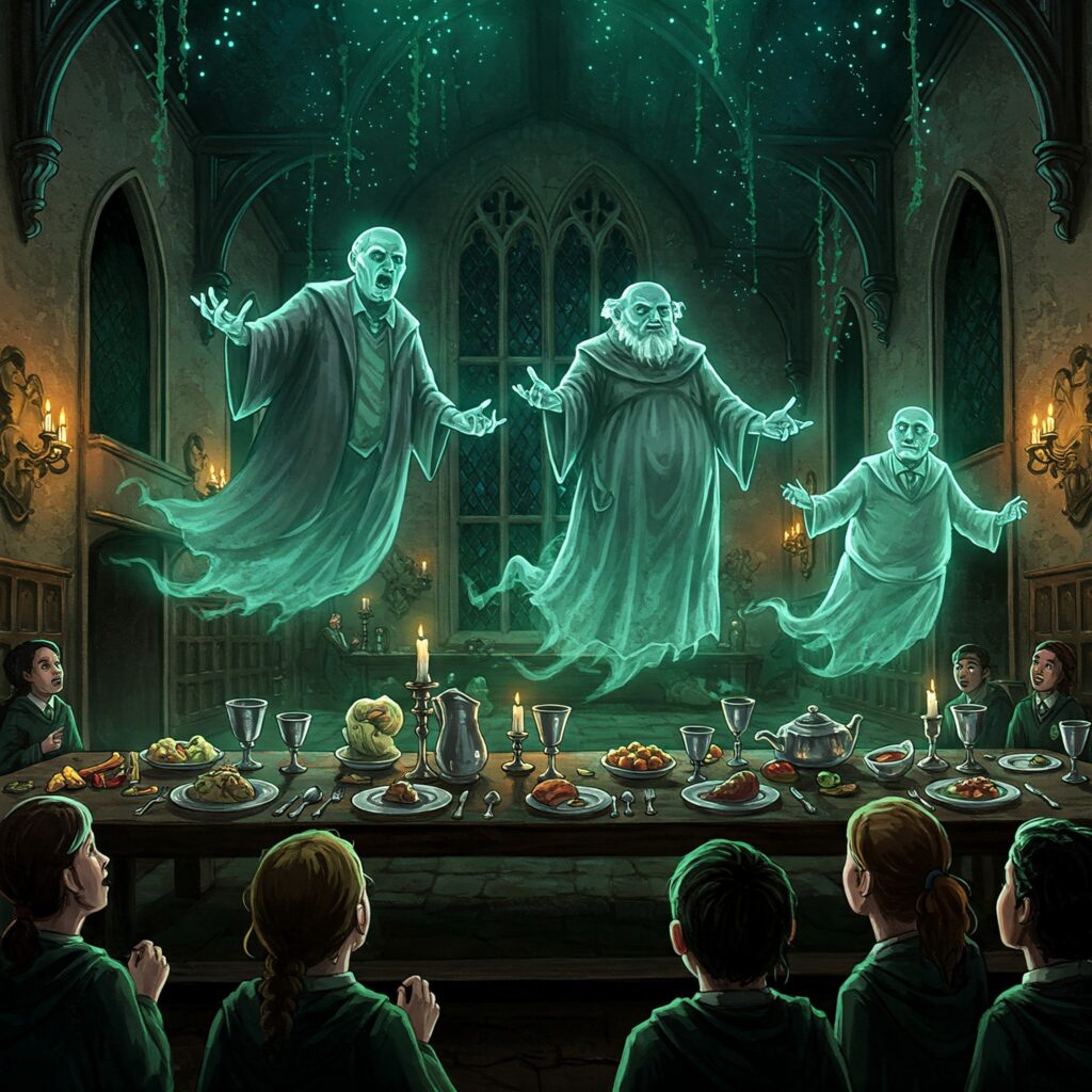 Hogwarts ghosts Nearly Headless Nick at ghostly feast with wizarding world spirits and Hogwarts mysteries.