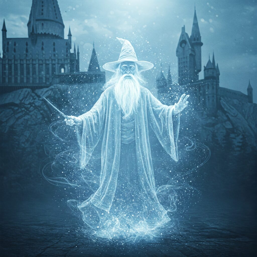 Hogwarts ghosts creation in mystical void with wizarding world spirits and Hogwarts mysteries.