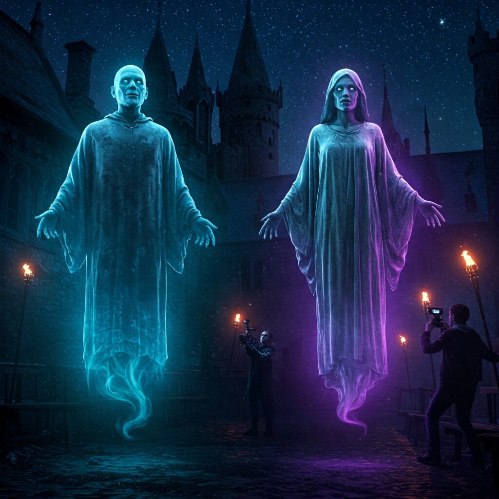 Hogwarts ghosts Nearly Headless Nick in 2025 TV series with wizarding world spirits and Hogwarts mysteries.